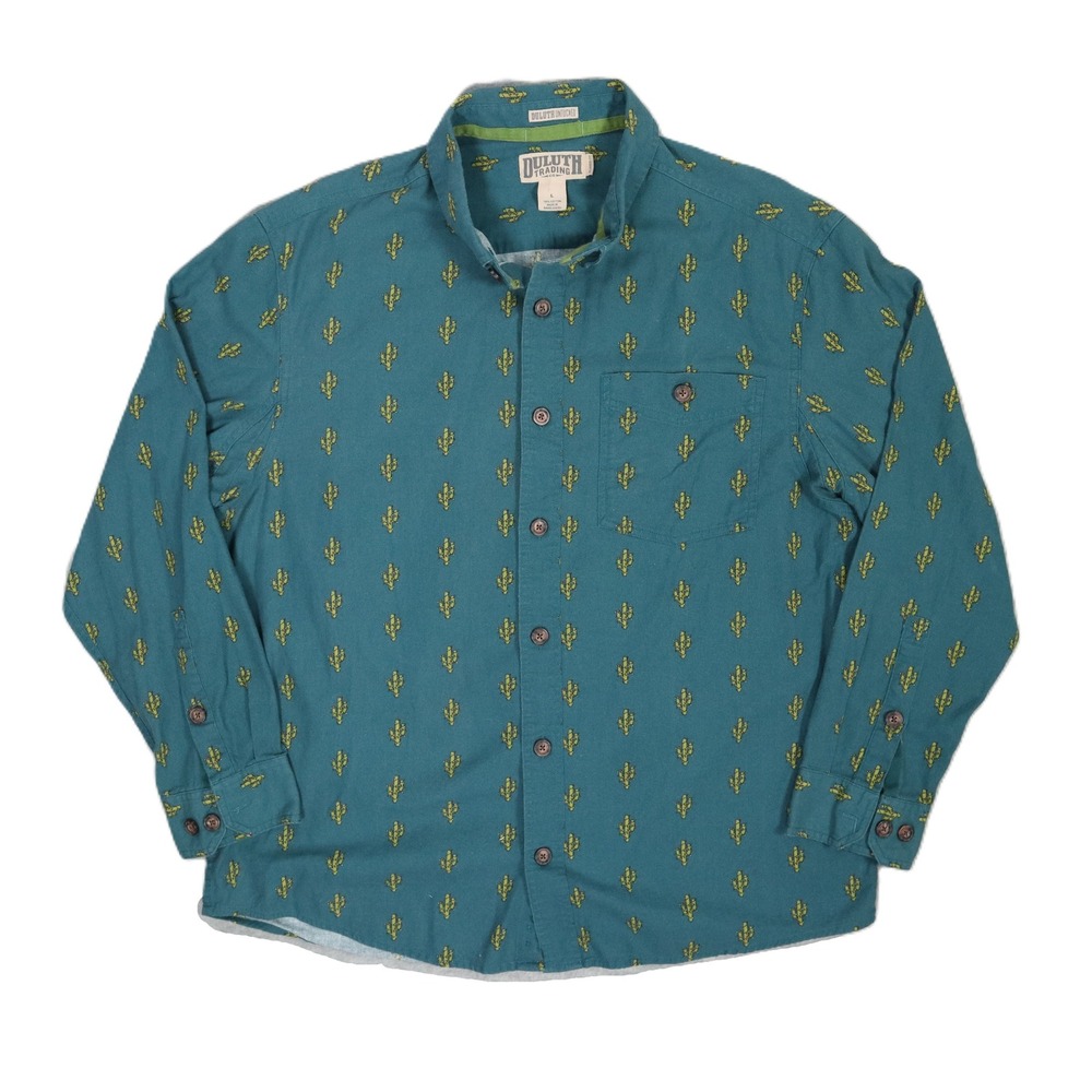 Duluth Trading Co Long Sleeve Button Up Shirt Cactus Print Teal Green Mens L - Picture 1 of 5